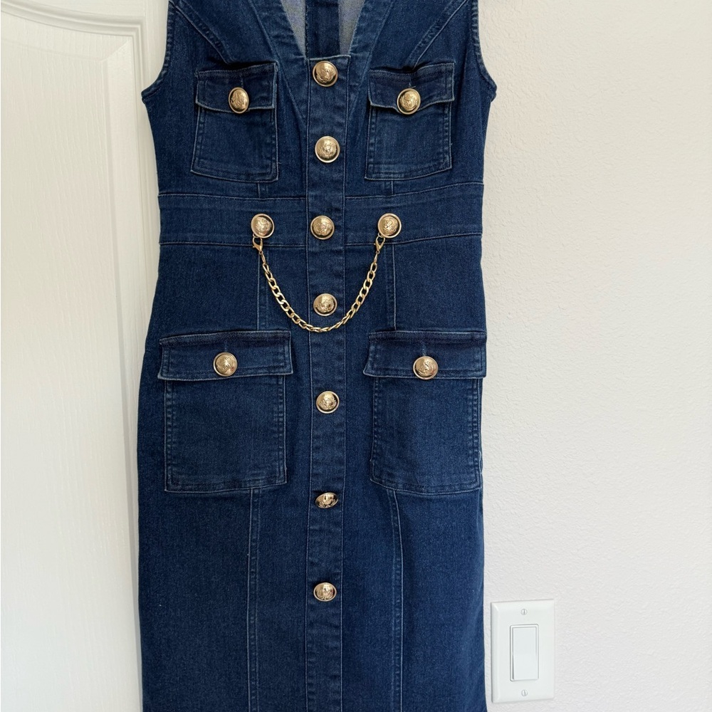 VENUS Dark Blue Denim Dress with Gold Accents - Picture 2 of 5